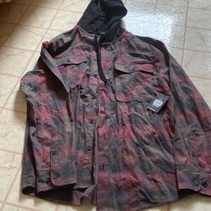 Mens Red and Black Hooded Flannel